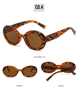 Tortoiseshell oval sunglasses showing front, back, and side views with UV protection