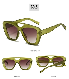 Detail shots of oversized square sunglasses in olive green frame with gradient brown lenses
