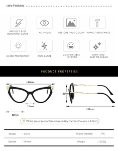 Detailed size chart and specifications for Cat Eye TR90 blue light blocking glasses frame