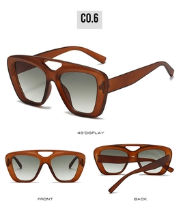 Three-angle views of amber brown sunglasses with double-bridge frames and gradient lenses