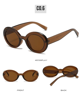 Three-way view of oval vintage brown sunglasses with UV protection and retro frames
