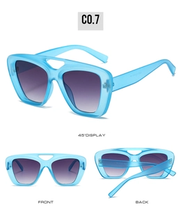 Three-angle view of light blue oversized sunglasses with purple gradient lenses