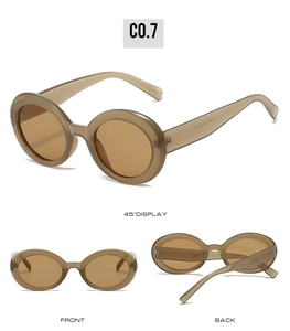 Multi-angle views of vintage oval sunglasses in transparent tea brown with thick frames