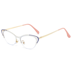 Cat-eye semi-rimless metal glasses frame with two-tone finish and golden temples