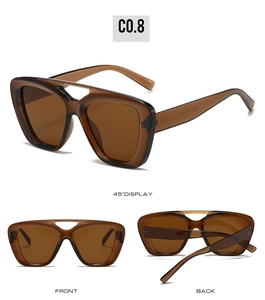 Detailed views of square frame sunglasses with double bridge and translucent brown tint