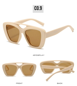 Beige oversized square sunglasses with stylish hollow double bridge in three-angle view