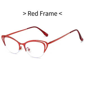 Elegant red metal cat-eye semi-rimless glasses frame with anti-blue light clear lenses