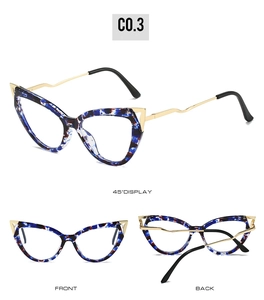 Three views of TR90 cat-eye glasses frame in blue marble finish with gold wavy temples