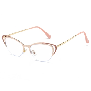 Cat eye semi-rimless hollow metal frame glasses in elegant pink and gold tones