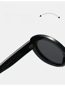 Detail of durable metal hinges and size specifications on black acetate sunglasses frame