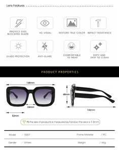 Detailed technical diagram of square sunglasses with dimensions and lens features