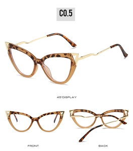 Three perspectives of cat-eye TR90 glasses with tortoise frames and wavy gold metal temples
