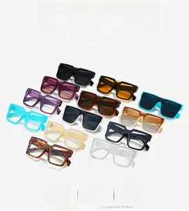 Detailed grid of trendy square sunglasses in multiple colors like black, purple and tortoiseshell