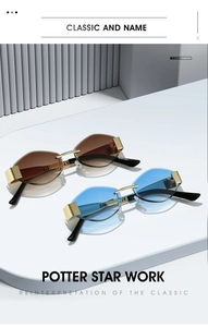Close-up of rimless geometric sunglasses with gradient lenses and gold metal bridge
