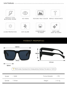 Detailed size specifications and UV400 protection features for large square sunglasses