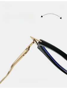Macro view of durable gold metal hinges on cat-eye TR90 blue light blocking glasses
