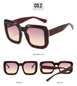 Detailed views of square gradient sunglasses with wave texture frames and gold accents