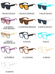 Matrix of 13 colorful square frame sunglasses with gradient and solid lenses