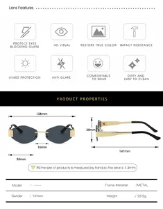 Size chart for rimless metal sunglasses showing 138mm frame width and UV400 features