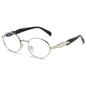 Retro oval silver metal sunglasses with light blue lenses and black temples on white background