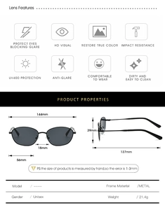 Detailed technical diagram of cat eye metal sunglasses with UV400 frame dimensions