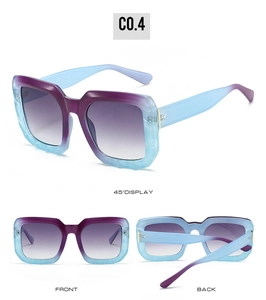 Three-angle view of square frame sunglasses with purple and light blue marble pattern