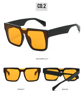 Three-view display of black square sunglasses with orange lenses showing front and side angles