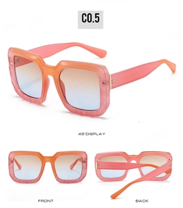 Multiple views of square sunglasses featuring pink marble frame and blue-orange gradient lenses