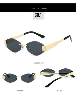 Detailed views of rimless geometric sunglasses with gold metal frame and dark gray lenses