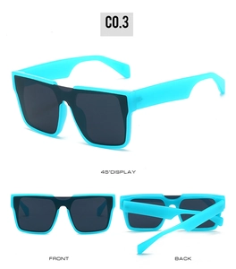 Three-angle view of cyan oversized square sunglasses with dark lenses and thick frame