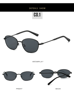 Three views of black metal cat eye sunglasses with dark lenses and slim frames