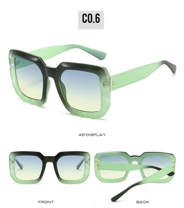 Multi-angle view showing front, back, and 45-degree detail of green gradient square sunglasses