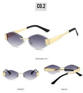 Three-way display of rimless geometric sunglasses with purple gradient lenses and gold frame