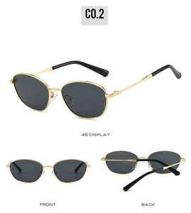 Detailed multi-angle view of gold metal cat-eye sunglasses with dark polarized lenses