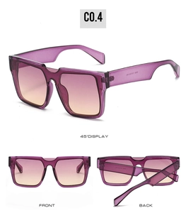 Detail view of square gradient purple lenses and transparent frame at multiple angles