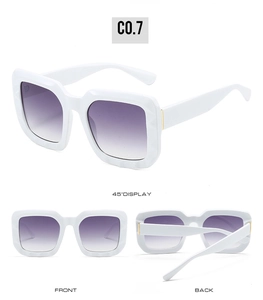Detailed views of white square sunglasses with purple gradient lenses and gold metal hinges