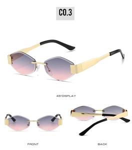 Detail view of rimless gradient purple sunglasses with diamond cut edges and gold metal temples