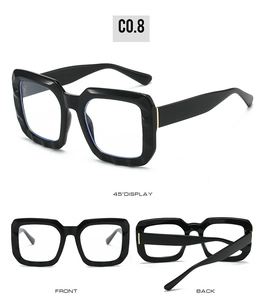 Three-angle display of black thick square glasses frame showing front, back, and 45-degree view
