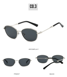 Three-angle display of silver metal cat-eye sunglasses with dark grey lenses and black tips