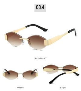 Three-view display of rimless hexagonal sunglasses with gradient lenses and gold metal frames