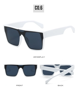 Three-way view of trendy white square frame sunglasses with dark gray lenses