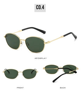 Detailed views of vintage metal cat-eye sunglasses with gold frames and dark green lenses