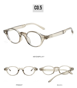Drei Perspektiven der Retro-Oval-Brille in Champagner mit Metallnieten am Bügel