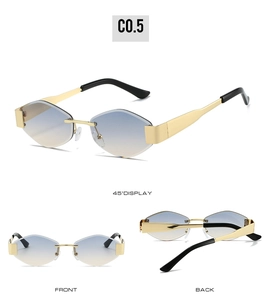 Three views of rimless geometric sunglasses with gold temples and blue-yellow gradient lenses