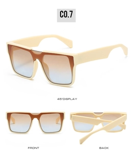 Detailed views of beige square sunglasses featuring side, front and back angles