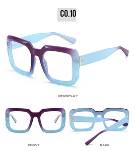 Three-angle view of gradient square eyeglass frames showing front, back, and 45-degree side