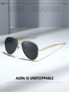 Detailed view of gold metal frame aviator sunglasses with classic double bridge design