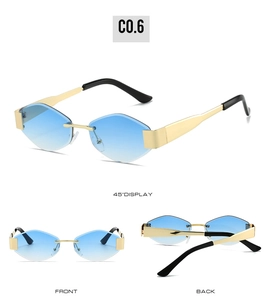 Frameless rimless sunglasses with blue gradient polygon lenses and gold metal temples