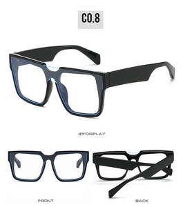 Multiple views of trendy square black sunglasses with blue inner trim and UV protection