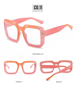 Detail view showing front, back and 45-degree angle of orange square flat glasses
